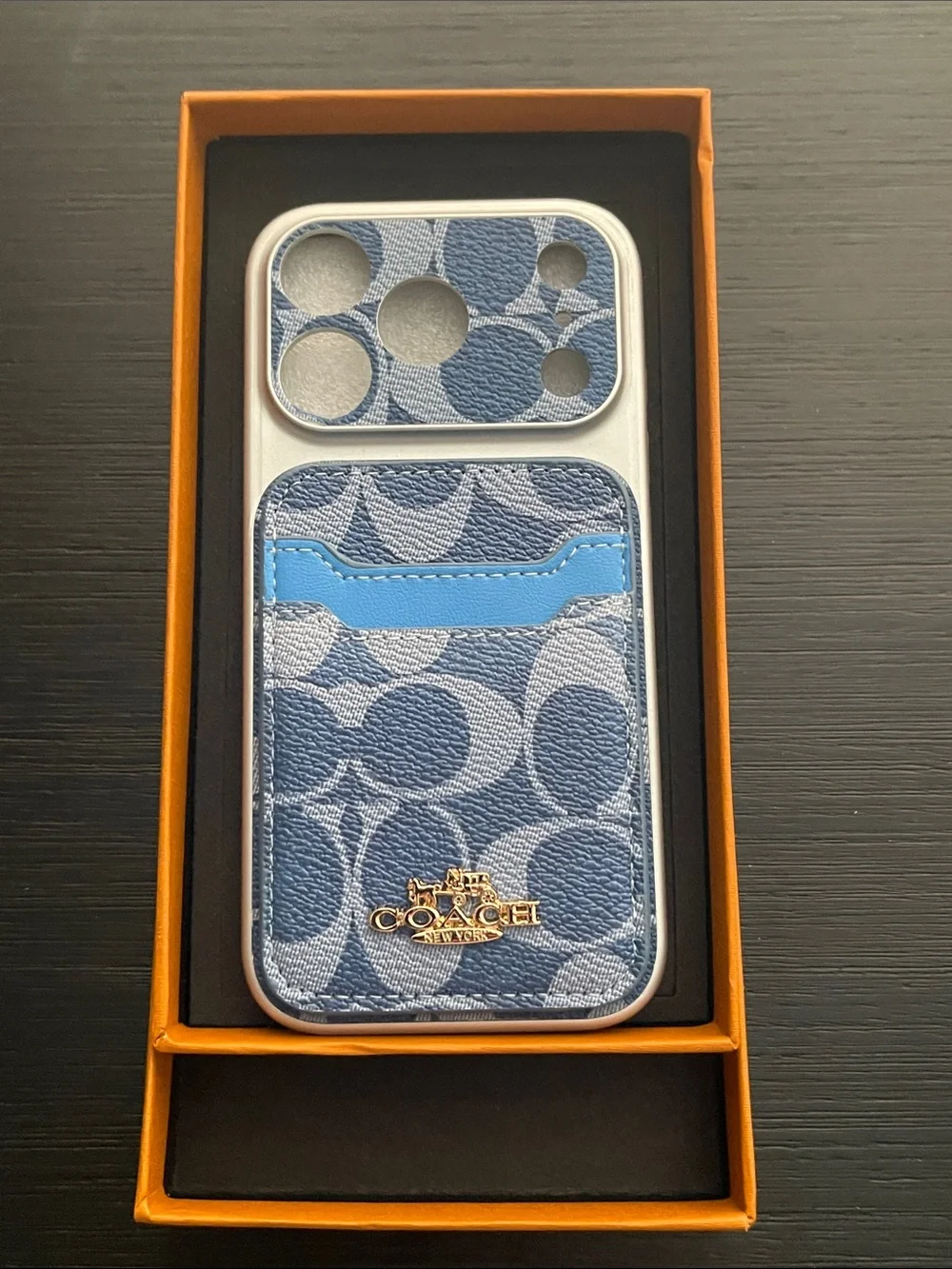 iPhone 17 pro Coach Blue Signature Canvas Phone Case with Bright Blue Card Slot
